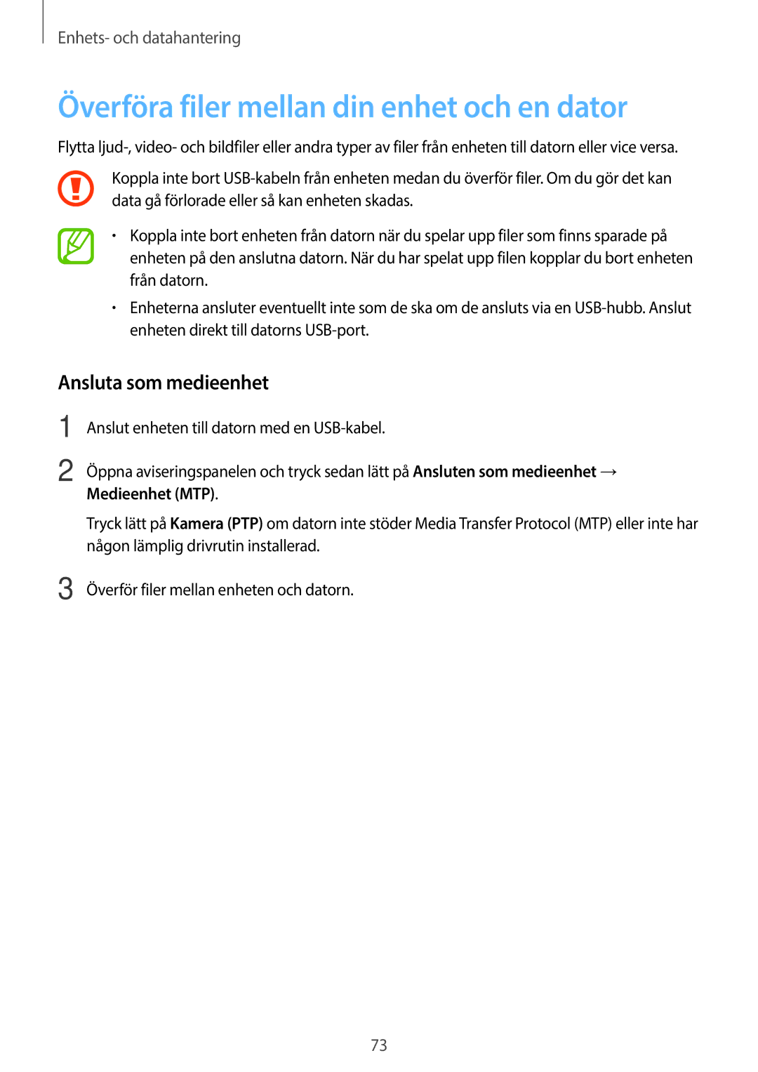 Samsung SM-G360FHAANEE manual Överföra filer mellan din enhet och en dator, Ansluta som medieenhet, Medieenhet MTP 