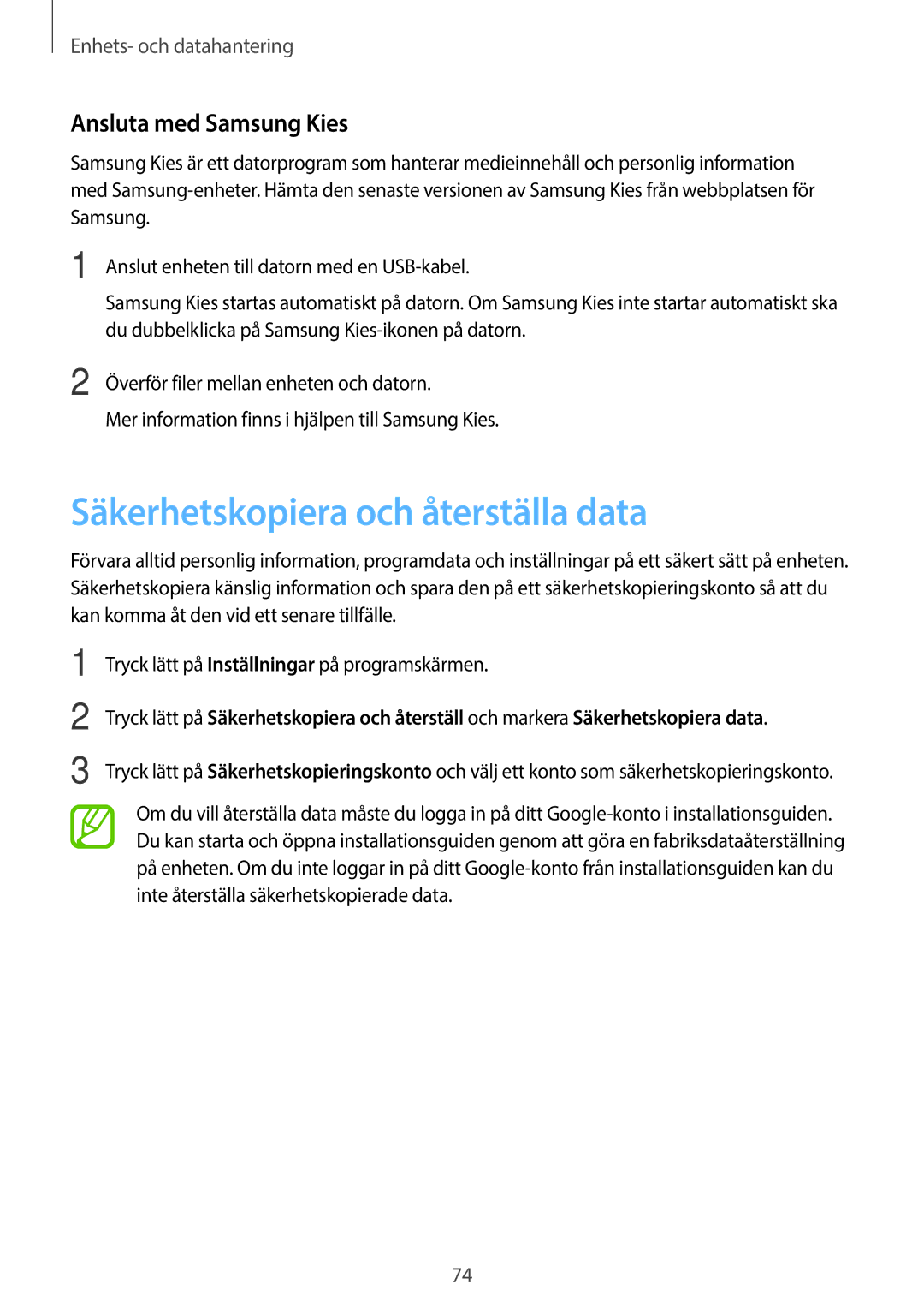 Samsung SM-G360FZSANEE, SM-G360FZWANEE, SM-G360FHAANEE manual Säkerhetskopiera och återställa data, Ansluta med Samsung Kies 