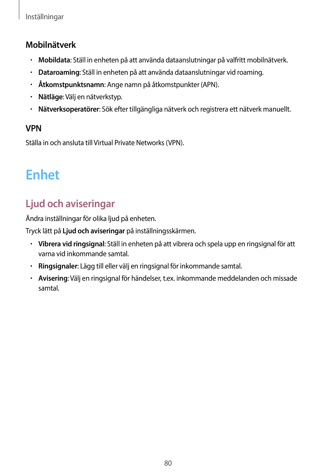 Samsung SM-G360FZSANEE, SM-G360FZWANEE, SM-G360FHAANEE manual Enhet, Ljud och aviseringar, Mobilnätverk 