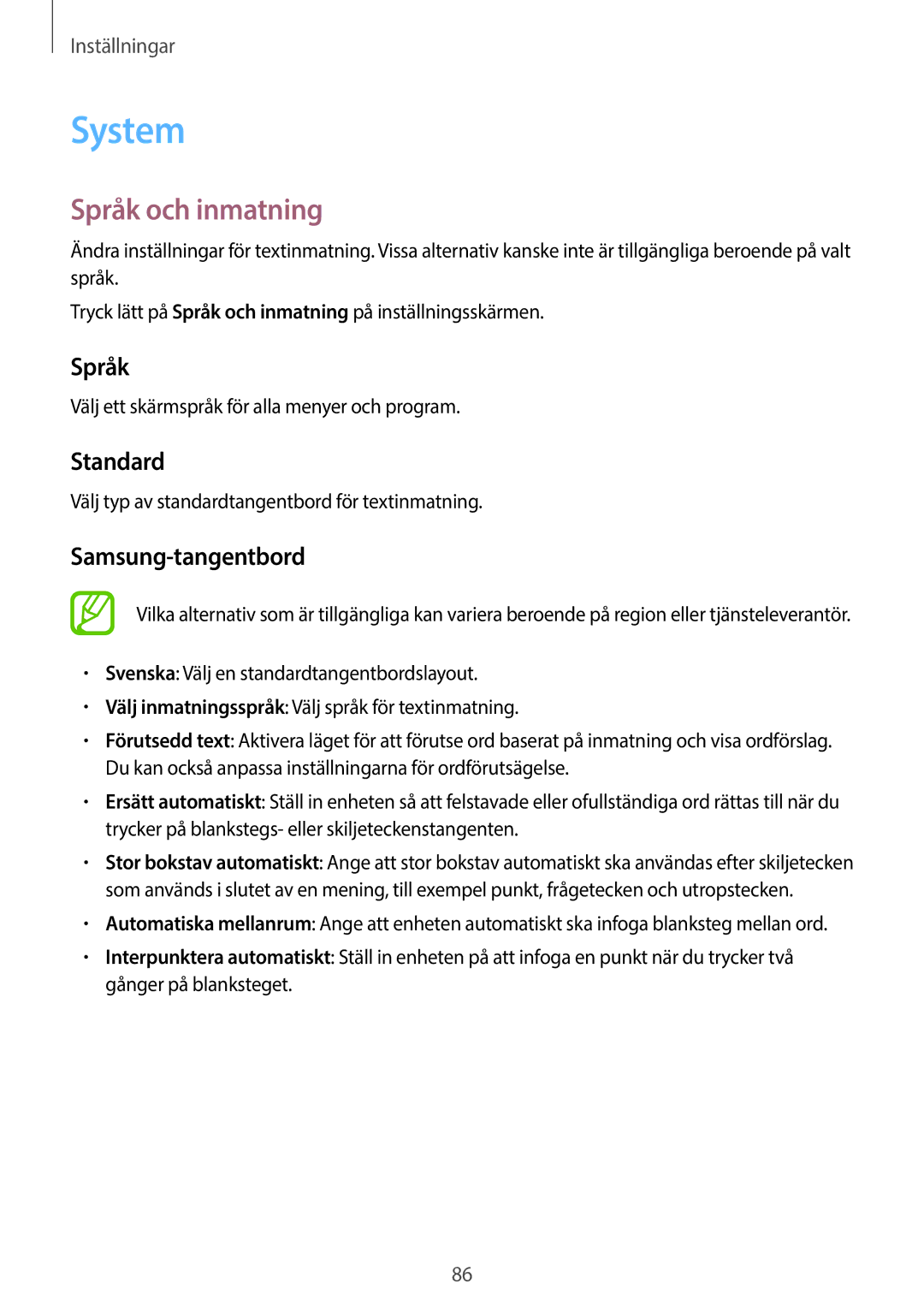Samsung SM-G360FZSANEE, SM-G360FZWANEE, SM-G360FHAANEE manual System, Språk och inmatning, Standard, Samsung-tangentbord 