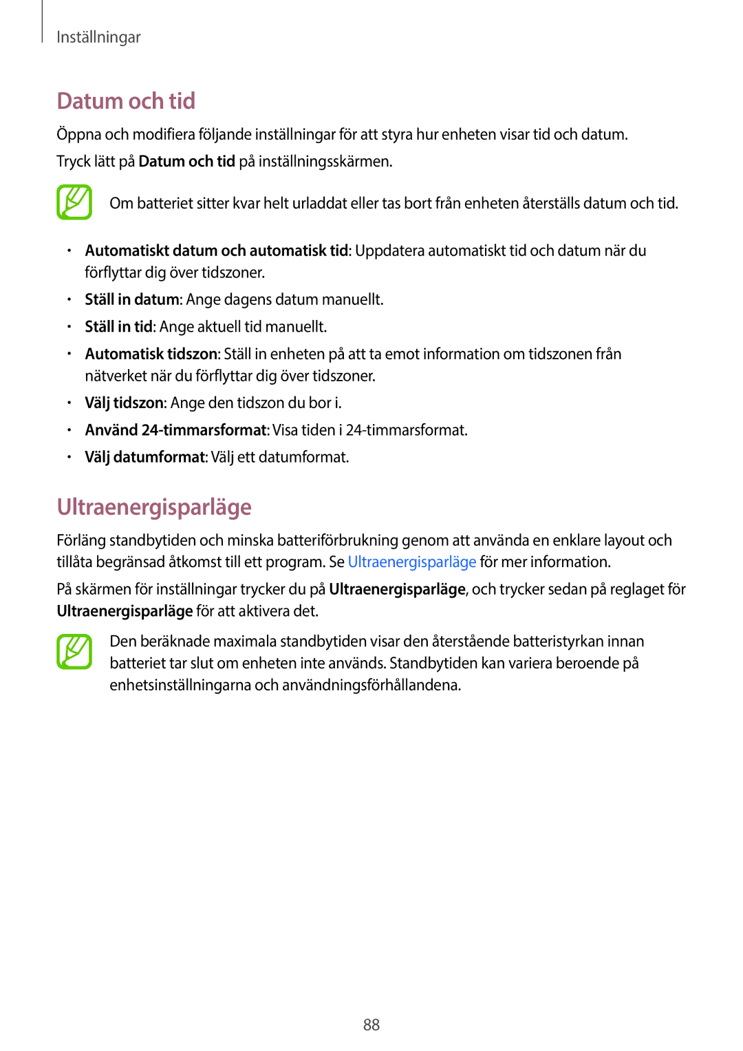 Samsung SM-G360FHAANEE, SM-G360FZWANEE, SM-G360FZSANEE manual Datum och tid, Ultraenergisparläge 