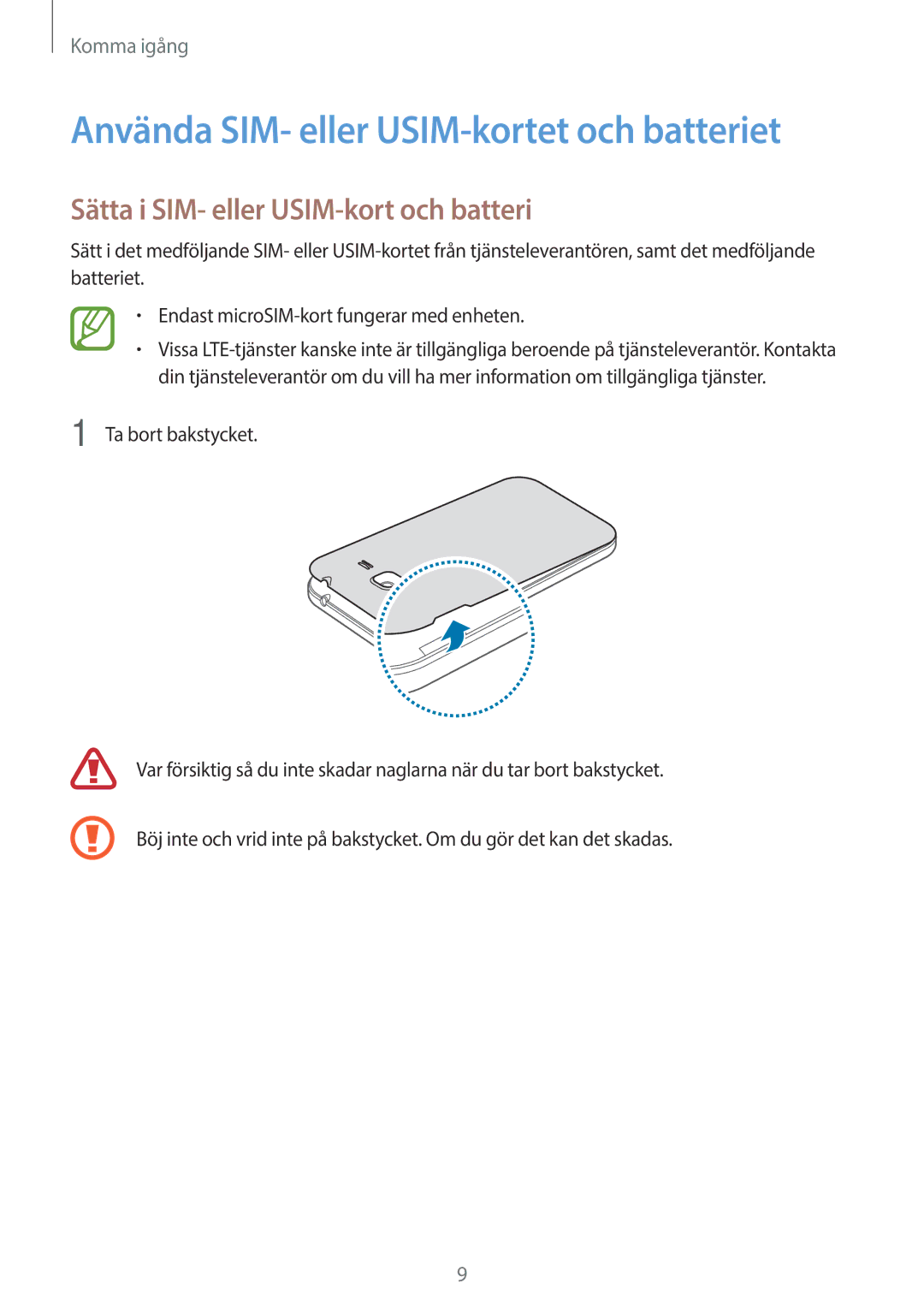 Samsung SM-G360FZWANEE manual Använda SIM- eller USIM-kortet och batteriet, Sätta i SIM- eller USIM-kort och batteri 