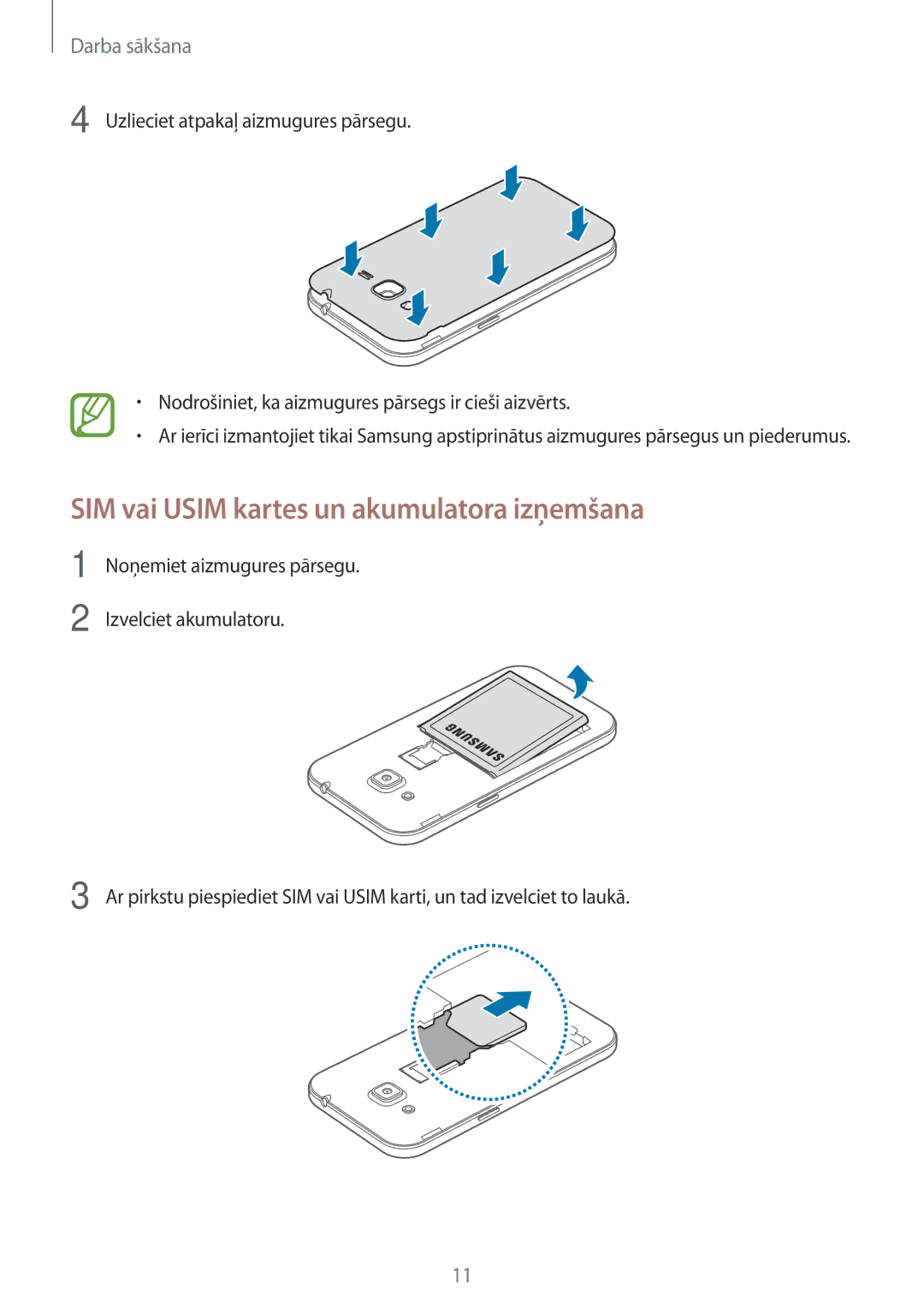 Samsung SM-G360FHAASEB, SM-G360FZWASEB, SM-G360FZSASEB manual SIM vai Usim kartes un akumulatora izņemšana 