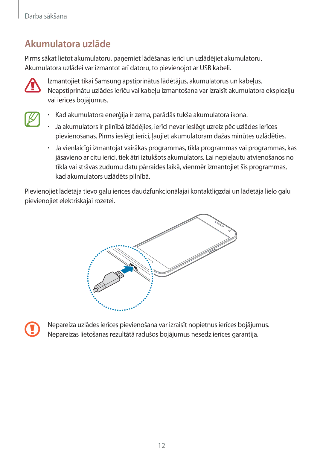 Samsung SM-G360FZWASEB, SM-G360FZSASEB, SM-G360FHAASEB manual Akumulatora uzlāde 