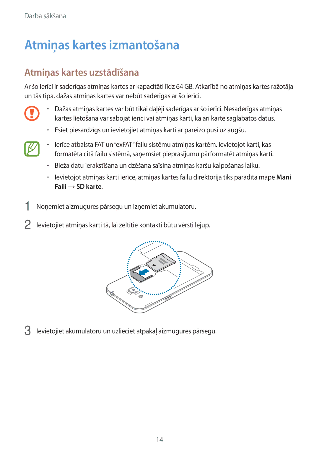 Samsung SM-G360FHAASEB, SM-G360FZWASEB, SM-G360FZSASEB manual Atmiņas kartes izmantošana, Atmiņas kartes uzstādīšana 