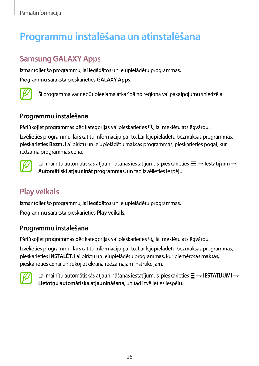 Samsung SM-G360FHAASEB, SM-G360FZWASEB manual Programmu instalēšana un atinstalēšana, Samsung Galaxy Apps, Play veikals 