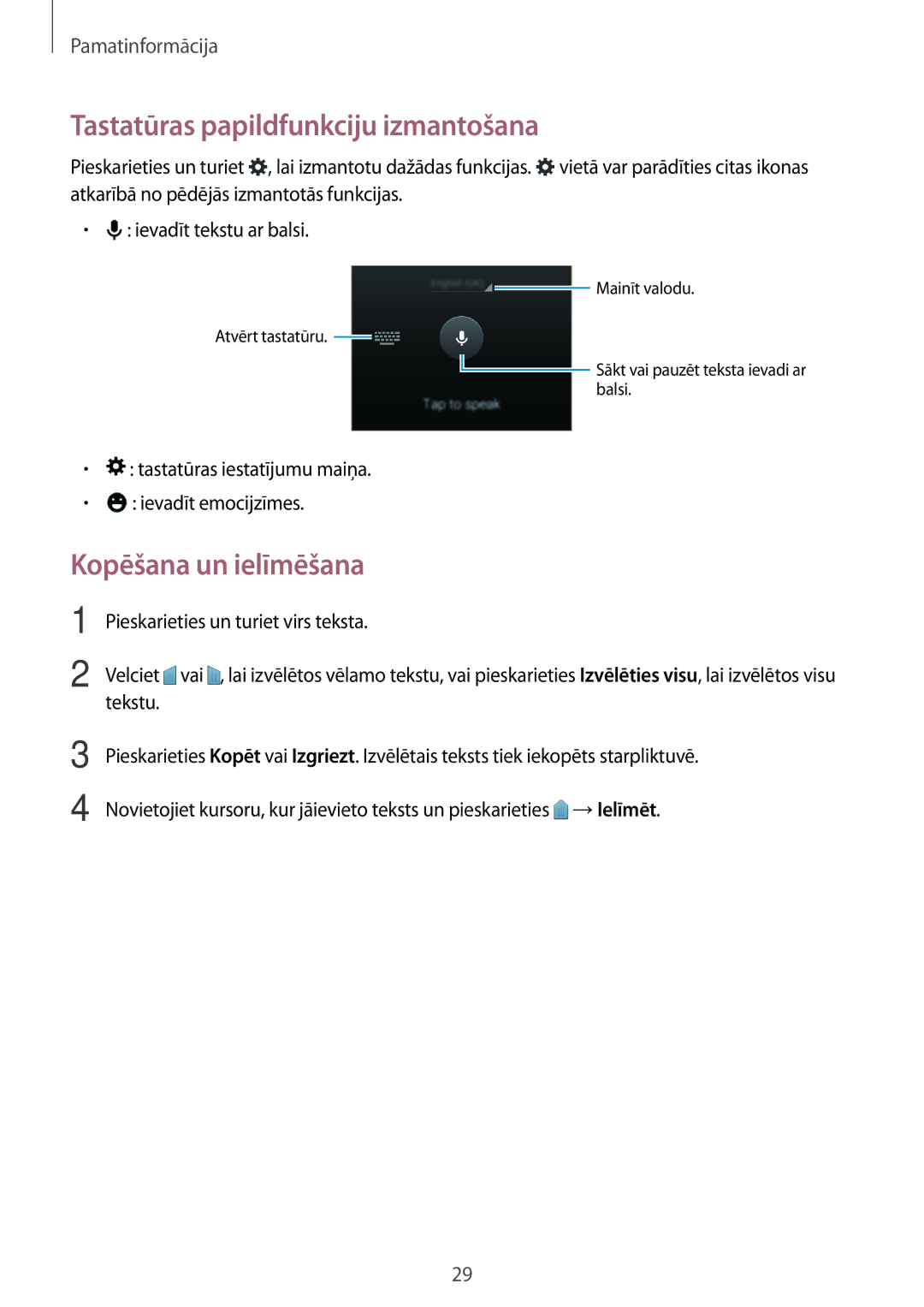 Samsung SM-G360FHAASEB, SM-G360FZWASEB, SM-G360FZSASEB manual Tastatūras papildfunkciju izmantošana, Kopēšana un ielīmēšana 