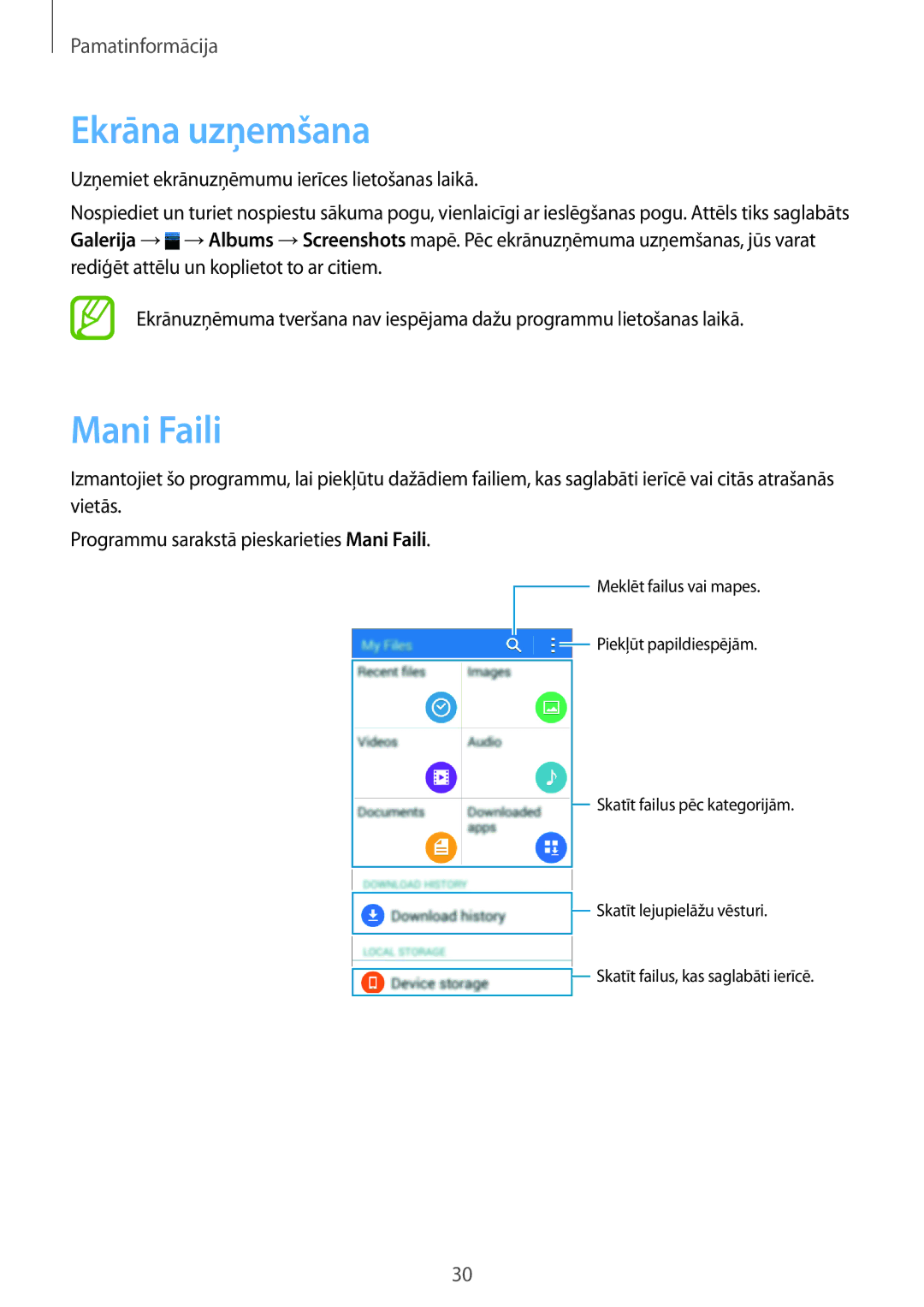 Samsung SM-G360FZWASEB, SM-G360FZSASEB, SM-G360FHAASEB manual Ekrāna uzņemšana, Mani Faili 