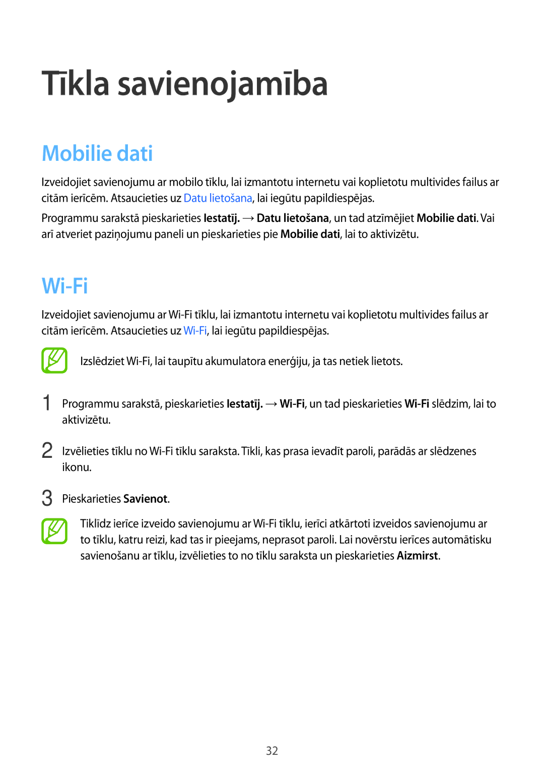 Samsung SM-G360FHAASEB, SM-G360FZWASEB, SM-G360FZSASEB manual Tīkla savienojamība, Mobilie dati, Wi-Fi 