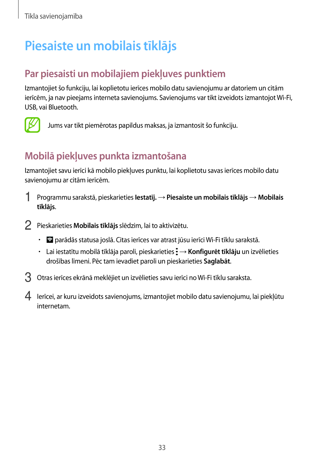 Samsung SM-G360FZWASEB, SM-G360FZSASEB manual Piesaiste un mobilais tīklājs, Par piesaisti un mobilajiem piekļuves punktiem 