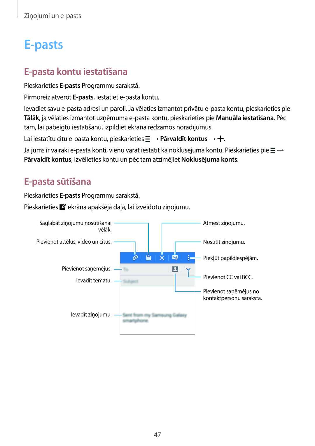 Samsung SM-G360FHAASEB, SM-G360FZWASEB, SM-G360FZSASEB manual Pasts, Pasta kontu iestatīšana, Pasta sūtīšana 