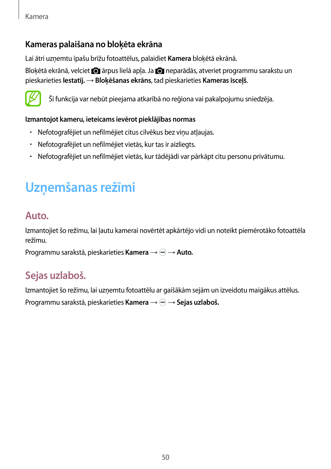 Samsung SM-G360FHAASEB, SM-G360FZWASEB manual Uzņemšanas režīmi, Auto, Sejas uzlaboš, Kameras palaišana no bloķēta ekrāna 