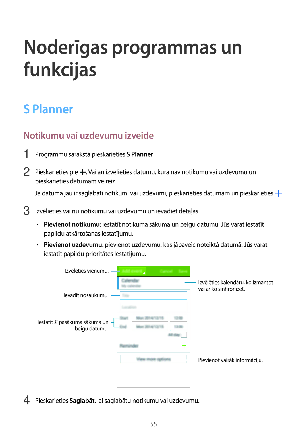 Samsung SM-G360FZSASEB, SM-G360FZWASEB, SM-G360FHAASEB manual Planner, Notikumu vai uzdevumu izveide 