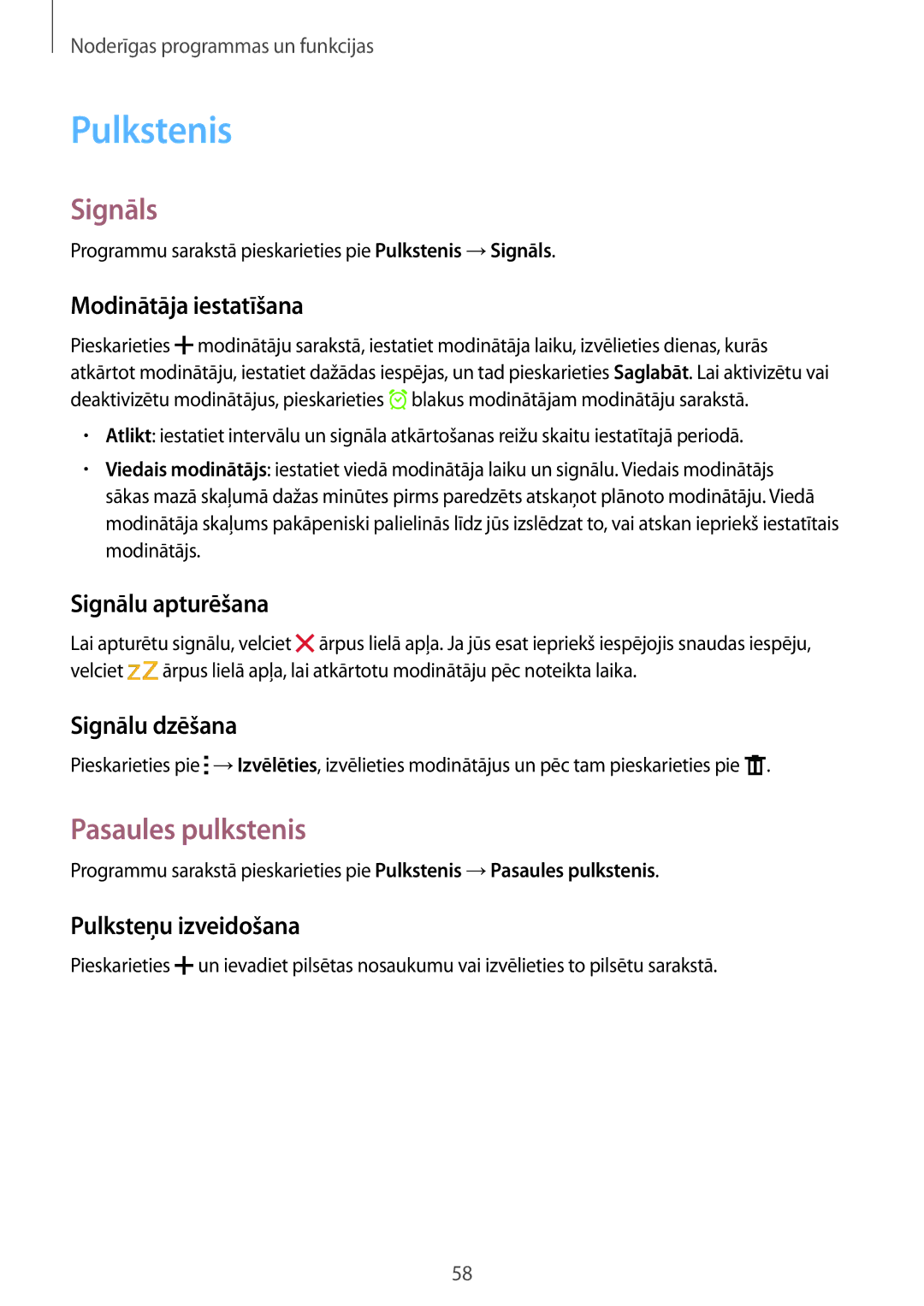 Samsung SM-G360FZSASEB, SM-G360FZWASEB, SM-G360FHAASEB manual Pulkstenis, Signāls, Pasaules pulkstenis 