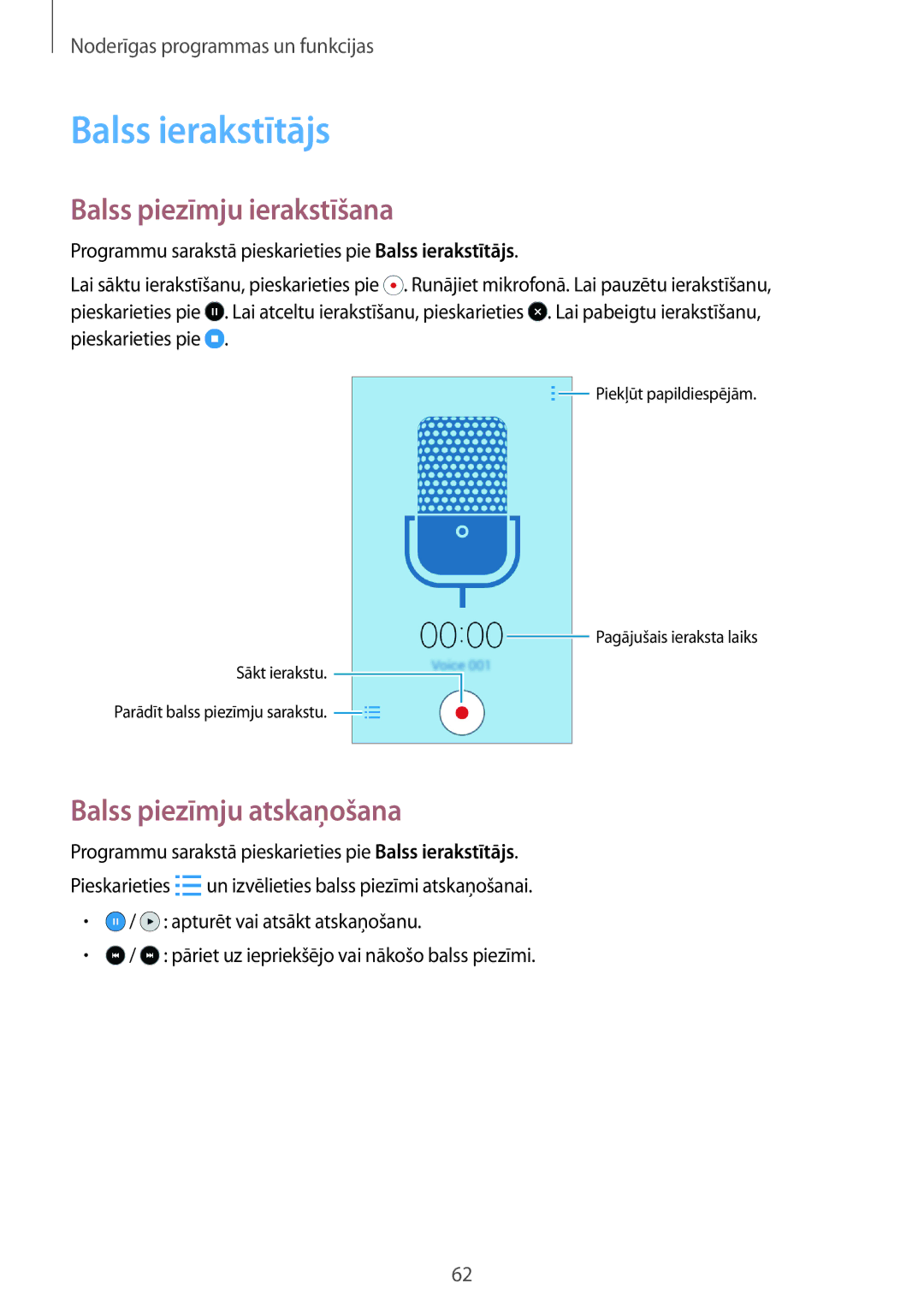 Samsung SM-G360FHAASEB, SM-G360FZWASEB manual Balss ierakstītājs, Balss piezīmju ierakstīšana, Balss piezīmju atskaņošana 