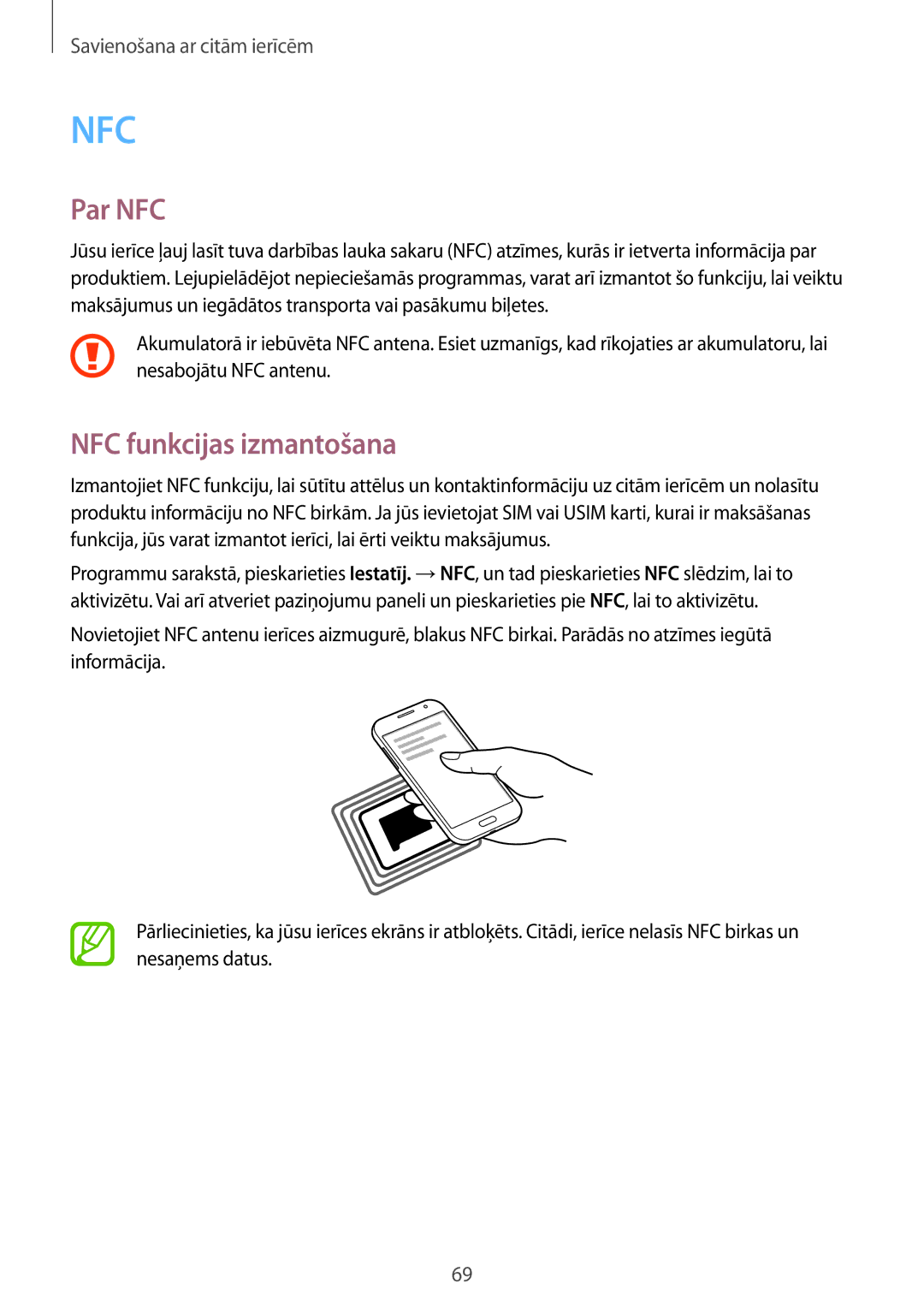 Samsung SM-G360FZWASEB, SM-G360FZSASEB, SM-G360FHAASEB manual Par NFC, NFC funkcijas izmantošana 