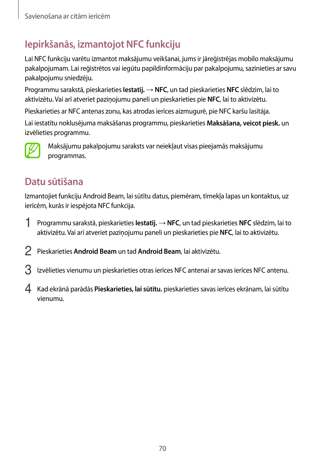 Samsung SM-G360FZSASEB, SM-G360FZWASEB, SM-G360FHAASEB manual Iepirkšanās, izmantojot NFC funkciju, Datu sūtīšana 