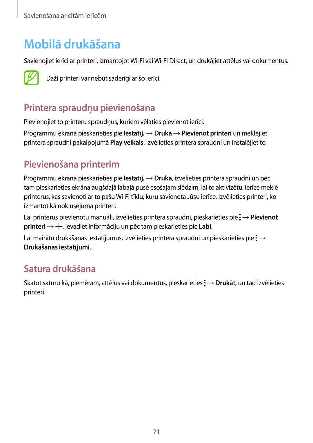 Samsung SM-G360FHAASEB manual Mobilā drukāšana, Printera spraudņu pievienošana, Pievienošana printerim, Satura drukāšana 