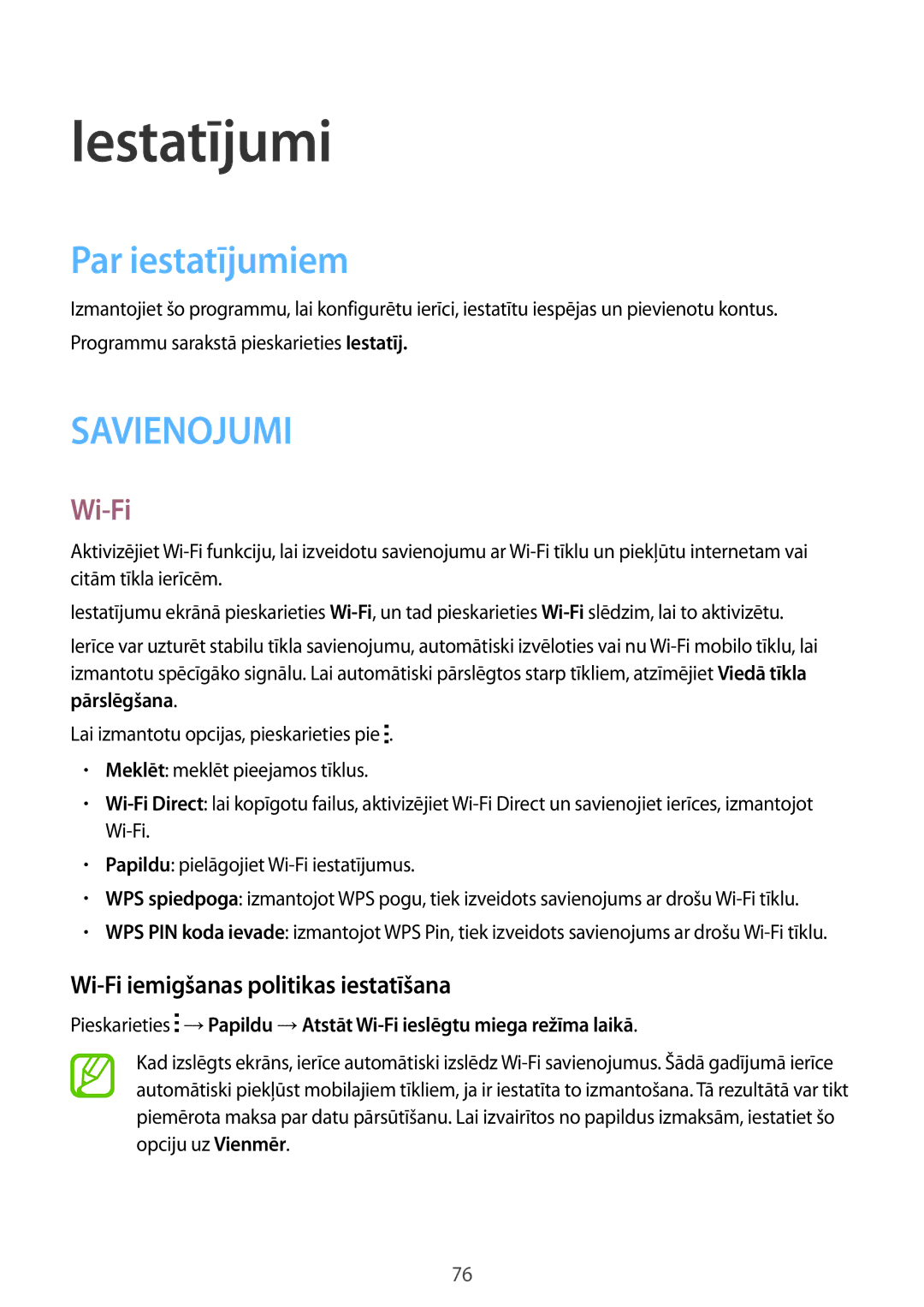 Samsung SM-G360FZSASEB, SM-G360FZWASEB manual Iestatījumi, Par iestatījumiem, Wi-Fi iemigšanas politikas iestatīšana 