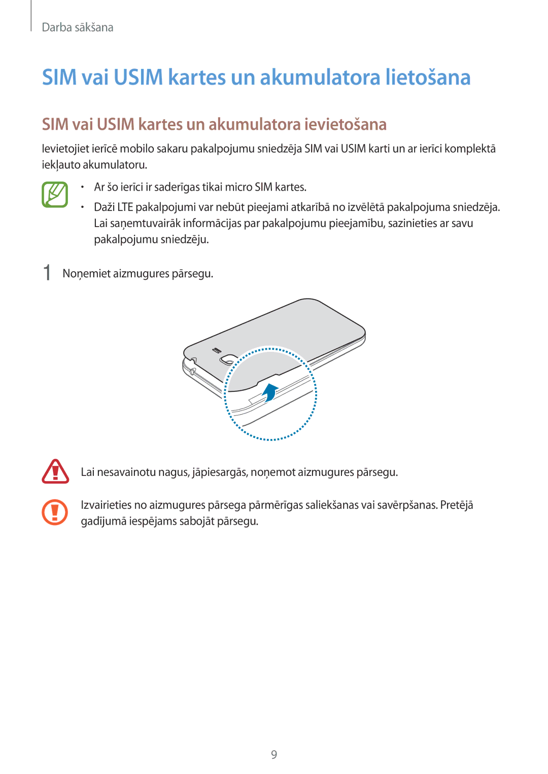 Samsung SM-G360FZWASEB manual SIM vai Usim kartes un akumulatora lietošana, SIM vai Usim kartes un akumulatora ievietošana 