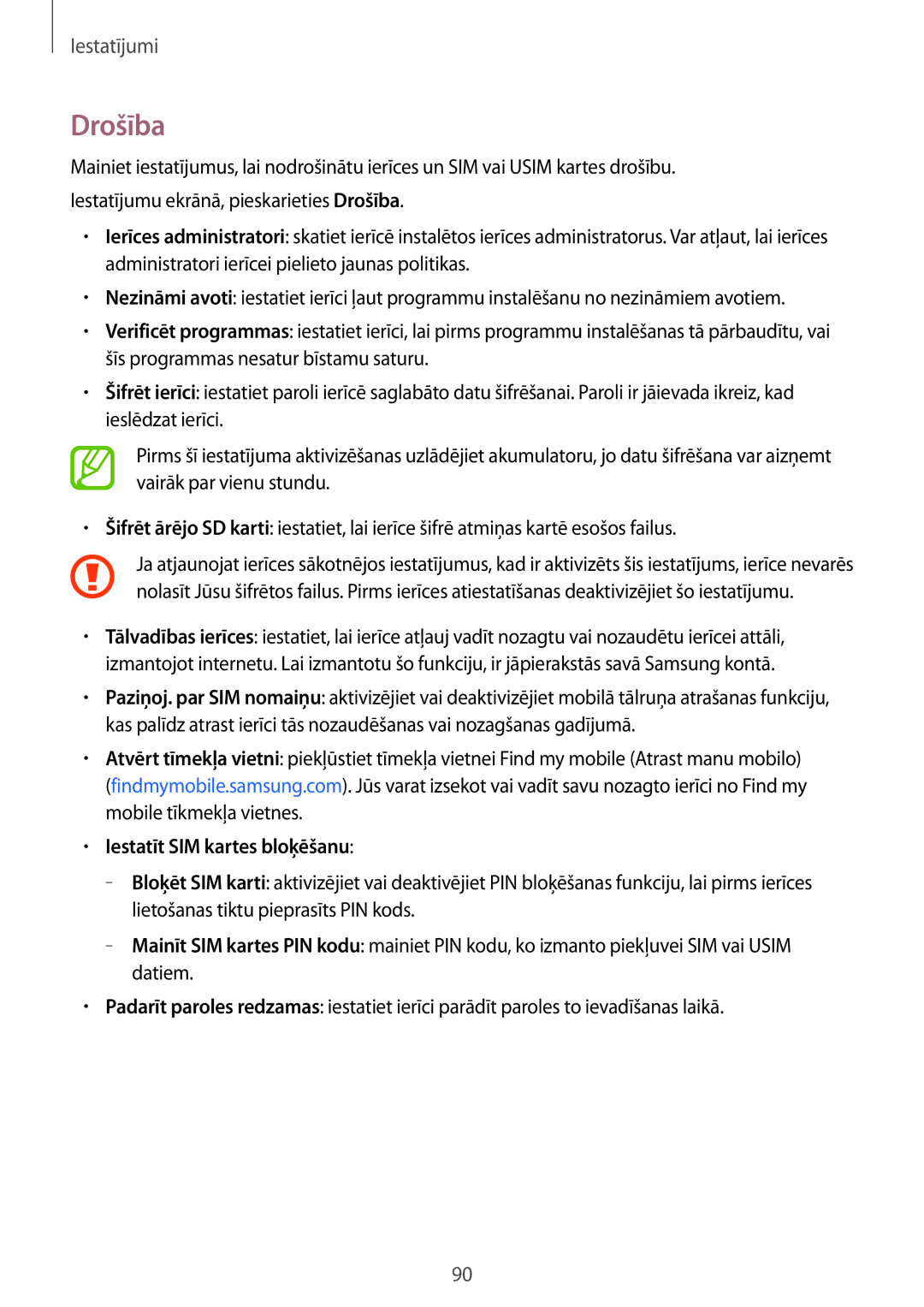 Samsung SM-G360FZWASEB, SM-G360FZSASEB, SM-G360FHAASEB manual Drošība, Iestatīt SIM kartes bloķēšanu 