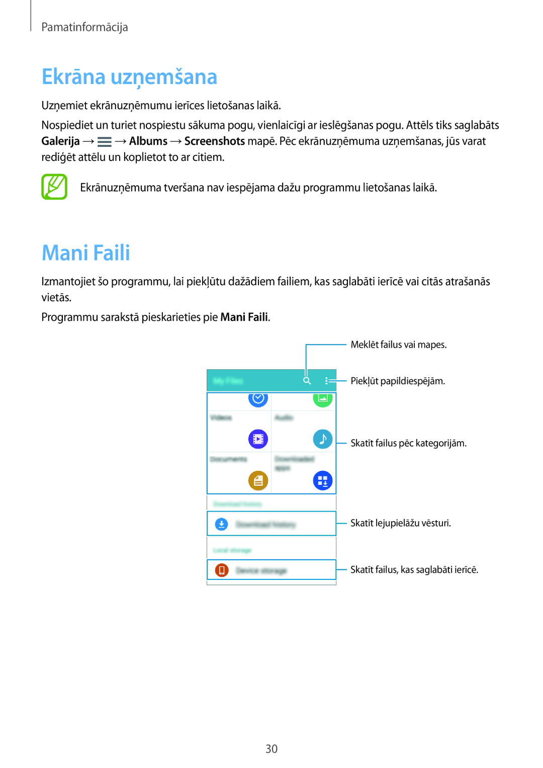 Samsung SM-G360FZWASEB, SM-G360FZSASEB, SM-G360FHAASEB manual Ekrāna uzņemšana, Mani Faili 