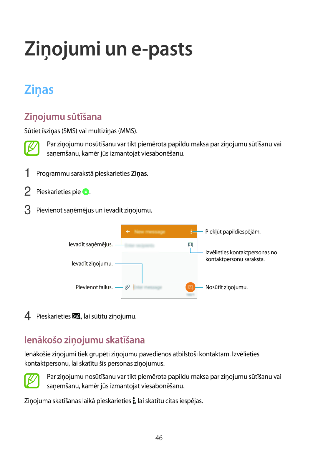 Samsung SM-G360FZSASEB, SM-G360FZWASEB manual Ziņojumi un e-pasts, Ziņas, Ziņojumu sūtīšana, Ienākošo ziņojumu skatīšana 