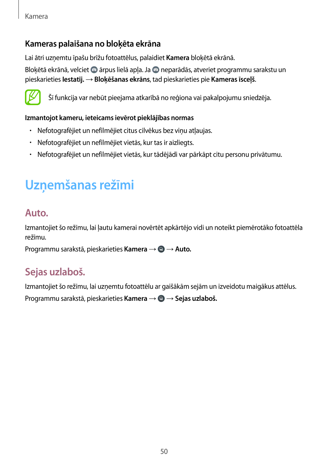 Samsung SM-G360FHAASEB, SM-G360FZWASEB manual Uzņemšanas režīmi, Auto, Sejas uzlaboš, Kameras palaišana no bloķēta ekrāna 