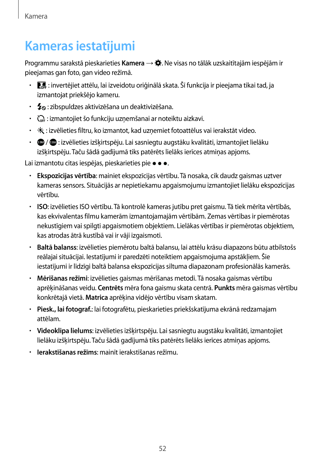 Samsung SM-G360FZSASEB, SM-G360FZWASEB, SM-G360FHAASEB manual Kameras iestatījumi 