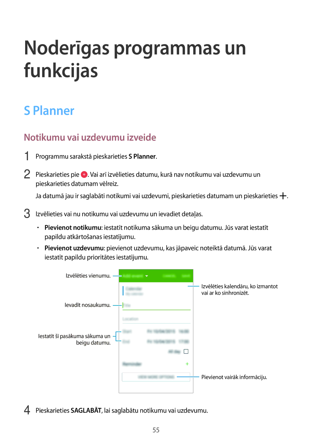 Samsung SM-G360FZSASEB, SM-G360FZWASEB, SM-G360FHAASEB manual Planner, Notikumu vai uzdevumu izveide 