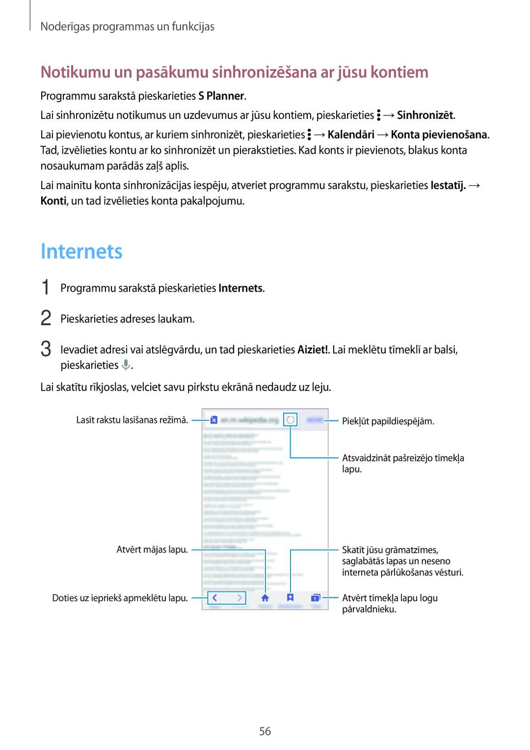 Samsung SM-G360FHAASEB, SM-G360FZWASEB, SM-G360FZSASEB manual Internets, Notikumu un pasākumu sinhronizēšana ar jūsu kontiem 