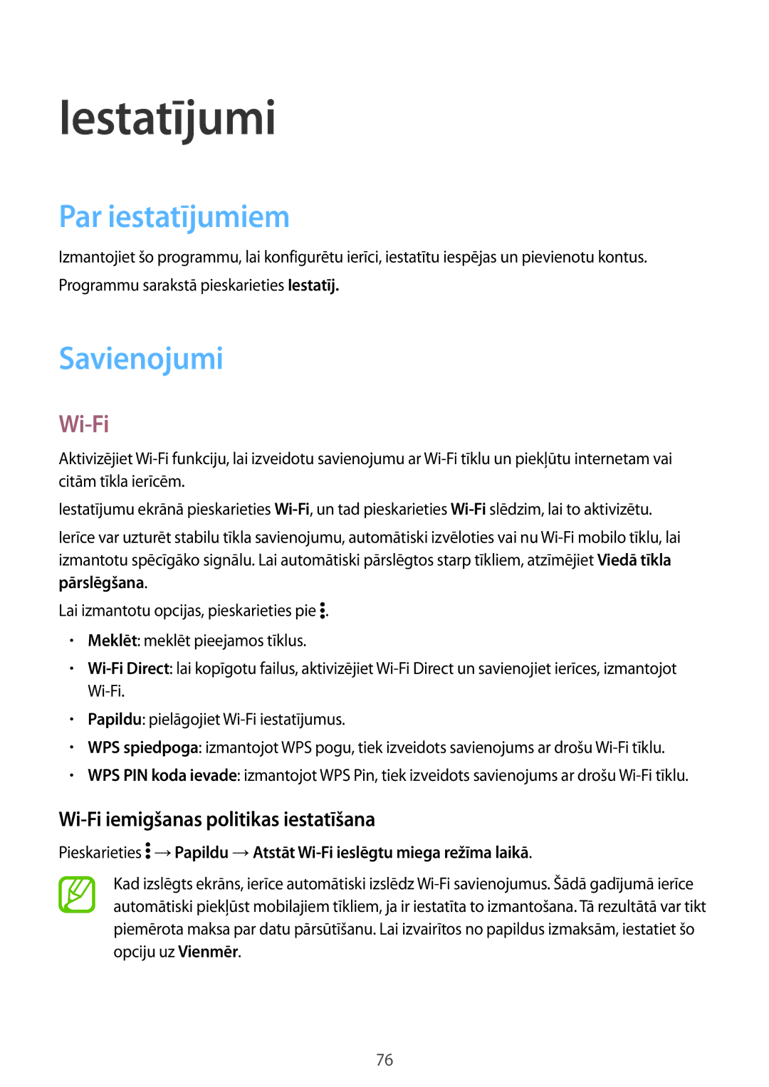 Samsung SM-G360FZSASEB manual Iestatījumi, Par iestatījumiem, Savienojumi, Wi-Fi iemigšanas politikas iestatīšana 