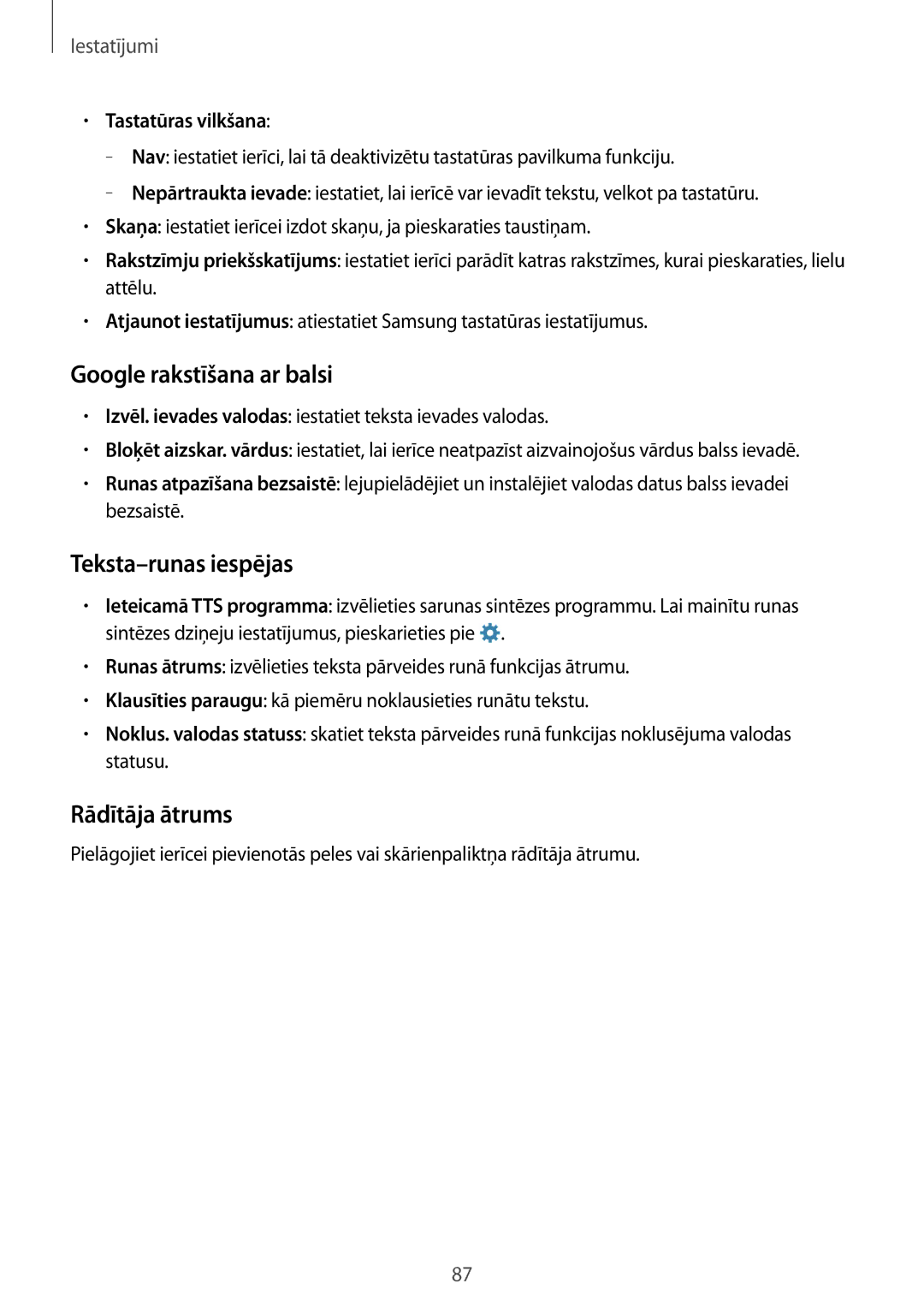 Samsung SM-G360FZWASEB manual Google rakstīšana ar balsi, Teksta-runas iespējas, Rādītāja ātrums, Tastatūras vilkšana 