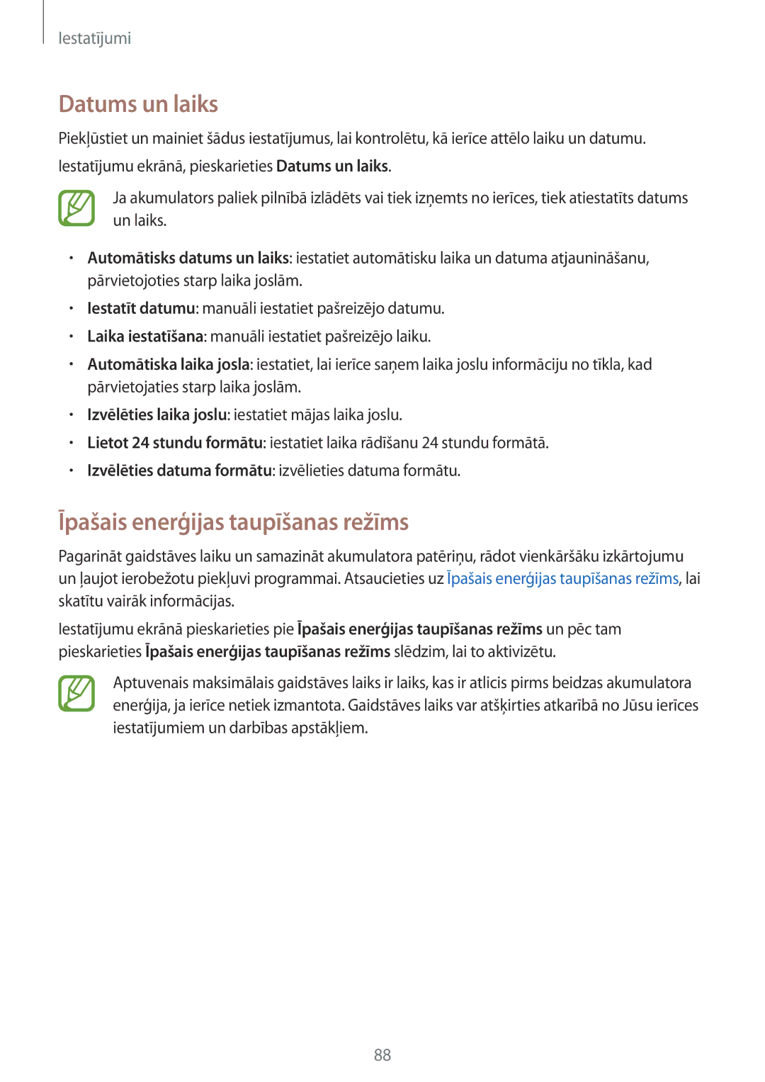 Samsung SM-G360FZSASEB, SM-G360FZWASEB, SM-G360FHAASEB manual Datums un laiks, Īpašais enerģijas taupīšanas režīms 