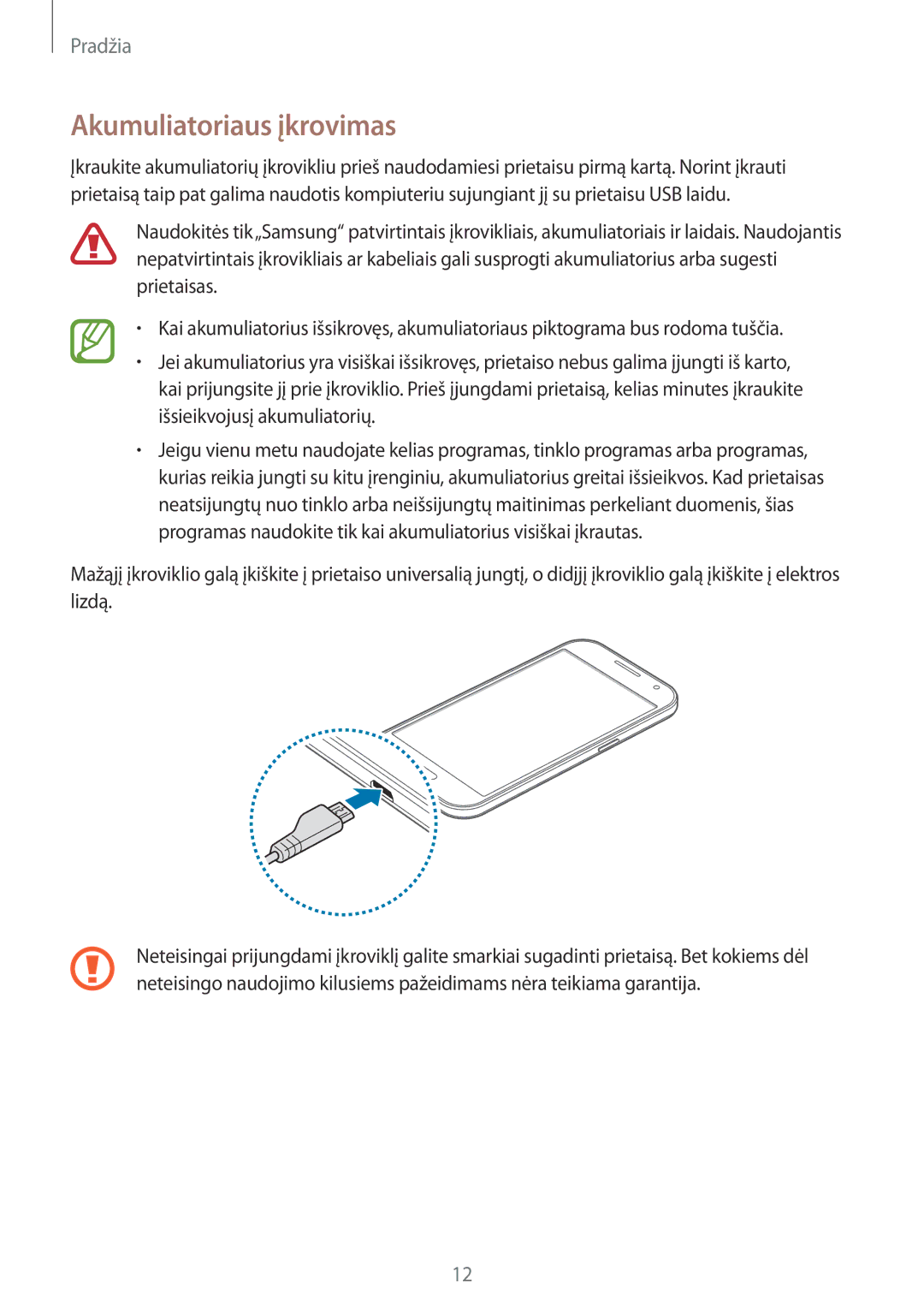 Samsung SM-G360FZWASEB, SM-G360FZSASEB, SM-G360FHAASEB manual Akumuliatoriaus įkrovimas 