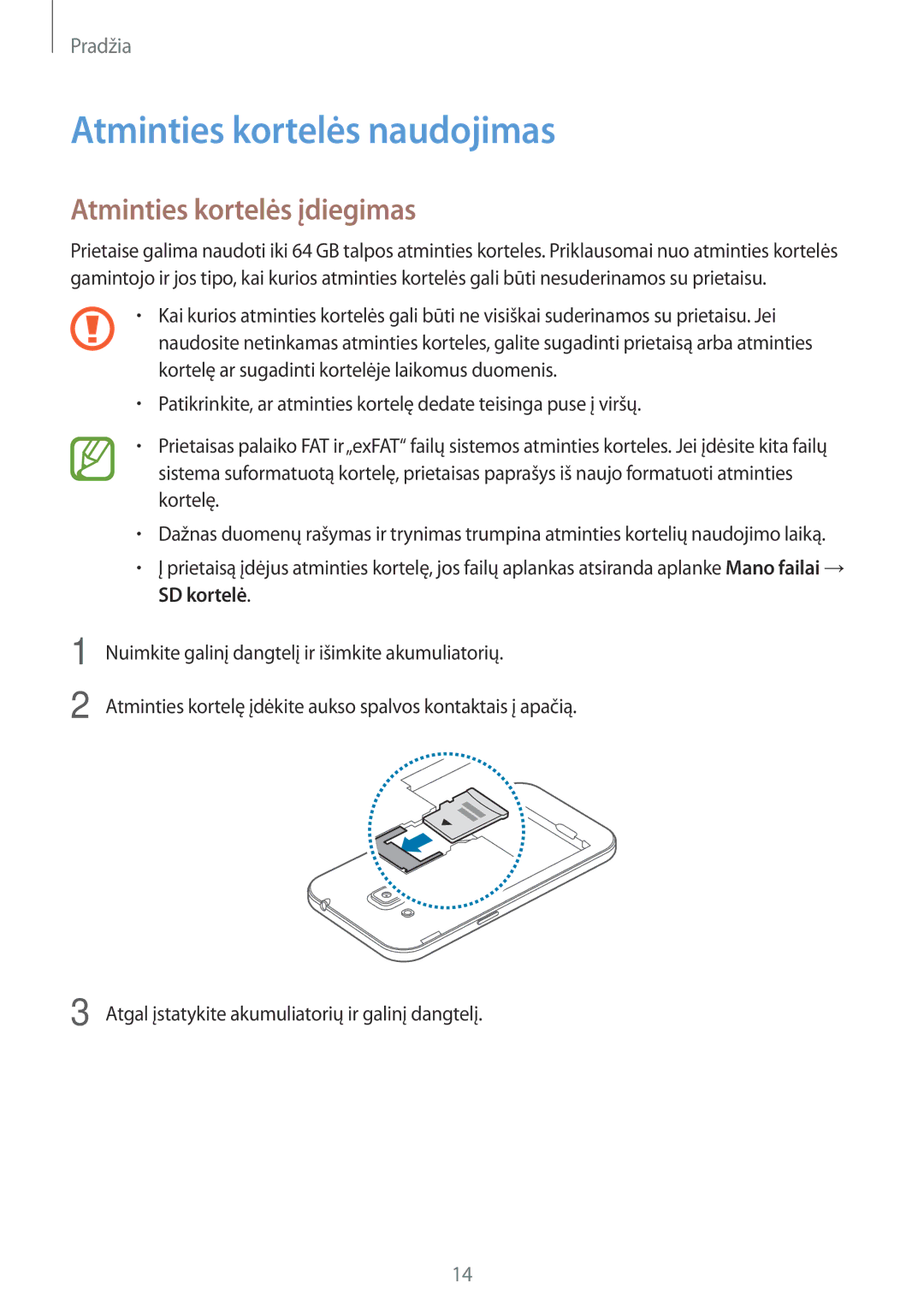 Samsung SM-G360FHAASEB, SM-G360FZWASEB, SM-G360FZSASEB manual Atminties kortelės naudojimas, Atminties kortelės įdiegimas 