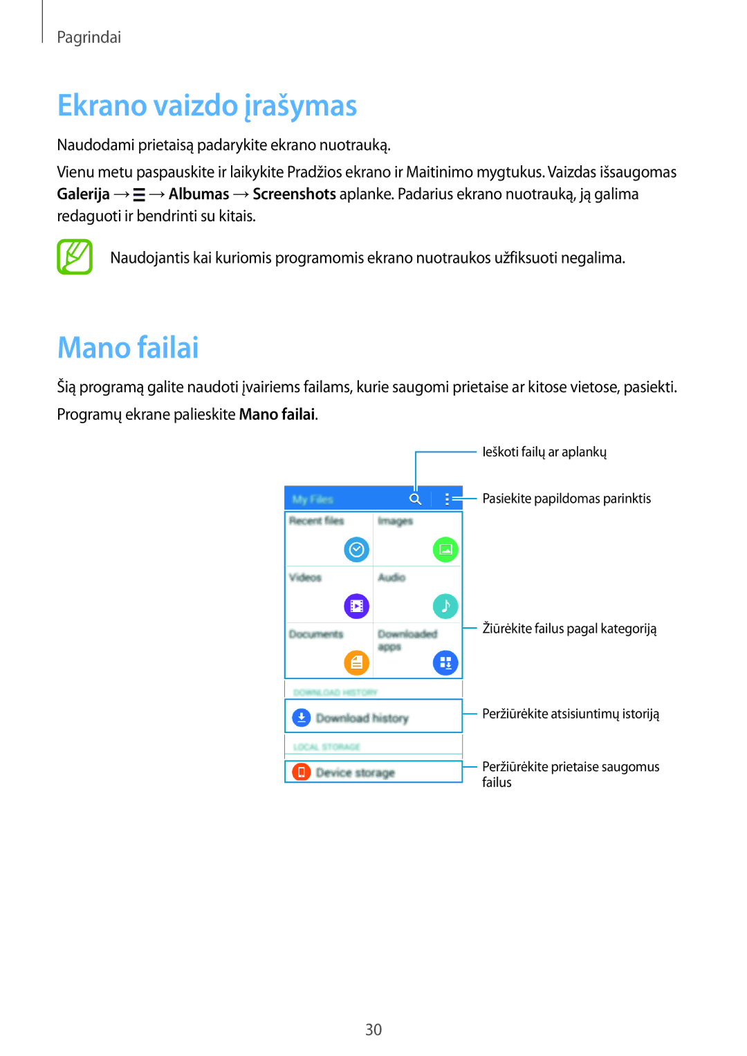 Samsung SM-G360FZWASEB, SM-G360FZSASEB, SM-G360FHAASEB manual Ekrano vaizdo įrašymas, Mano failai 