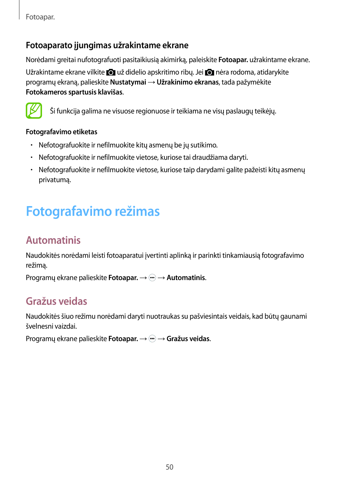 Samsung SM-G360FHAASEB manual Fotografavimo režimas, Automatinis, Gražus veidas, Fotoaparato įjungimas užrakintame ekrane 