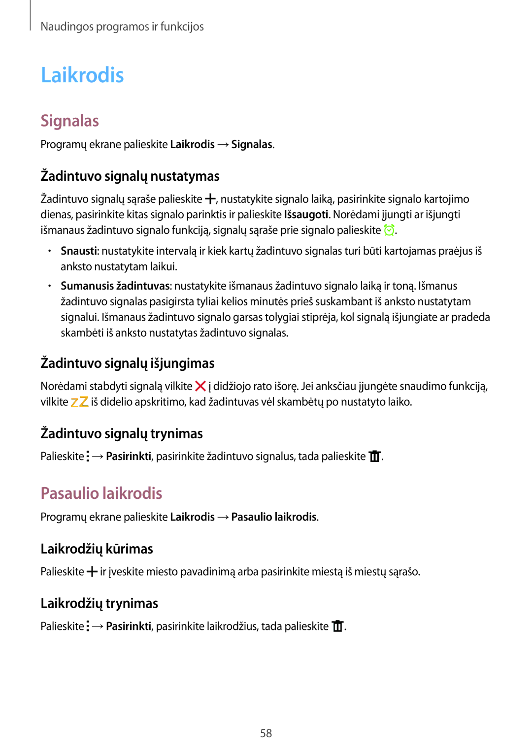 Samsung SM-G360FZSASEB, SM-G360FZWASEB, SM-G360FHAASEB manual Laikrodis, Signalas, Pasaulio laikrodis 