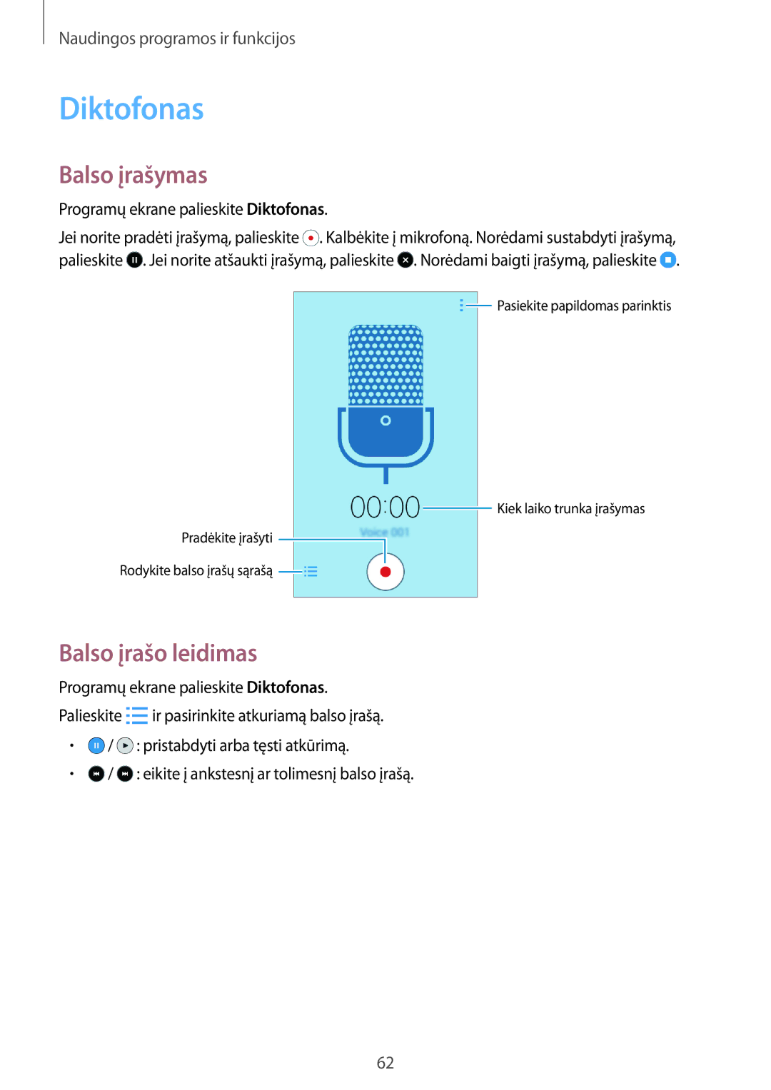 Samsung SM-G360FHAASEB, SM-G360FZWASEB, SM-G360FZSASEB manual Diktofonas, Balso įrašymas, Balso įrašo leidimas 