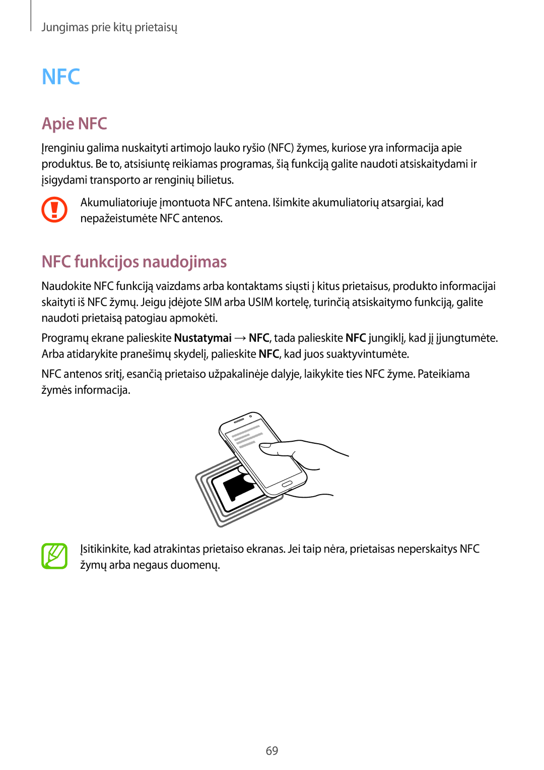 Samsung SM-G360FZWASEB, SM-G360FZSASEB, SM-G360FHAASEB manual Apie NFC, NFC funkcijos naudojimas 