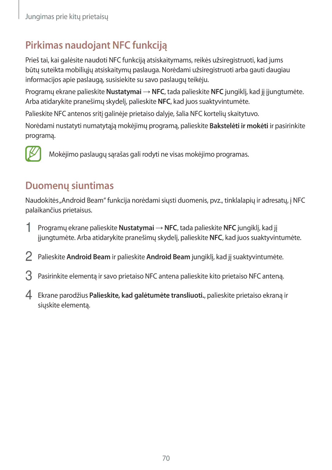 Samsung SM-G360FZSASEB, SM-G360FZWASEB, SM-G360FHAASEB manual Pirkimas naudojant NFC funkciją, Duomenų siuntimas 