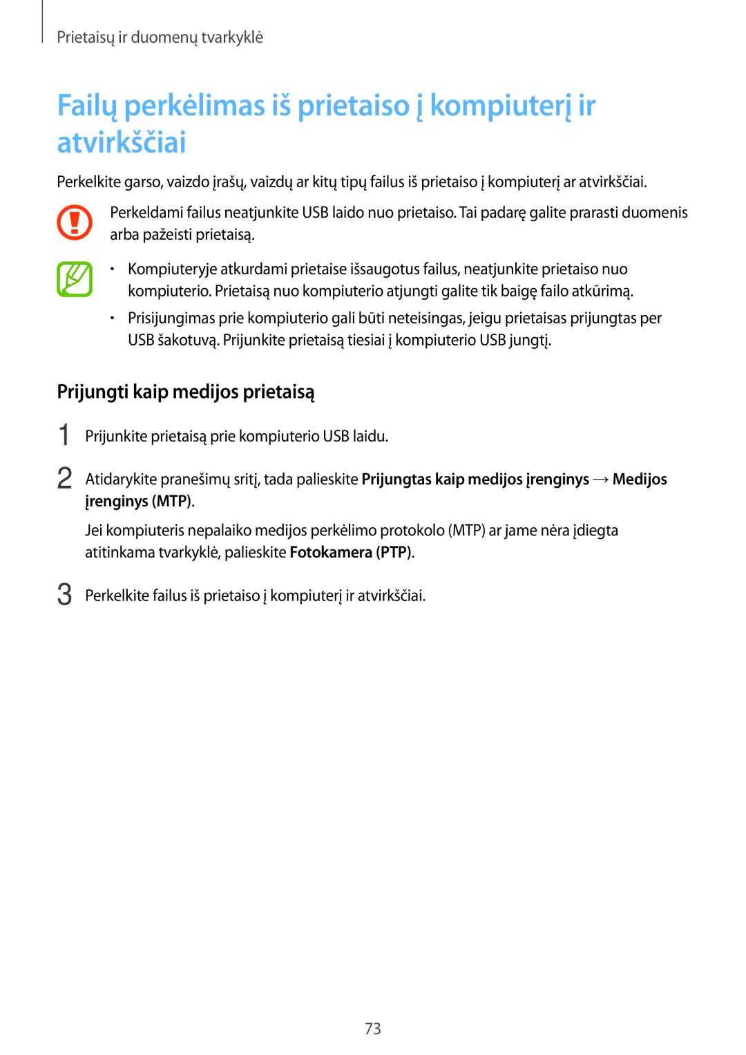 Samsung SM-G360FZSASEB manual Failų perkėlimas iš prietaiso į kompiuterį ir atvirkščiai, Prijungti kaip medijos prietaisą 