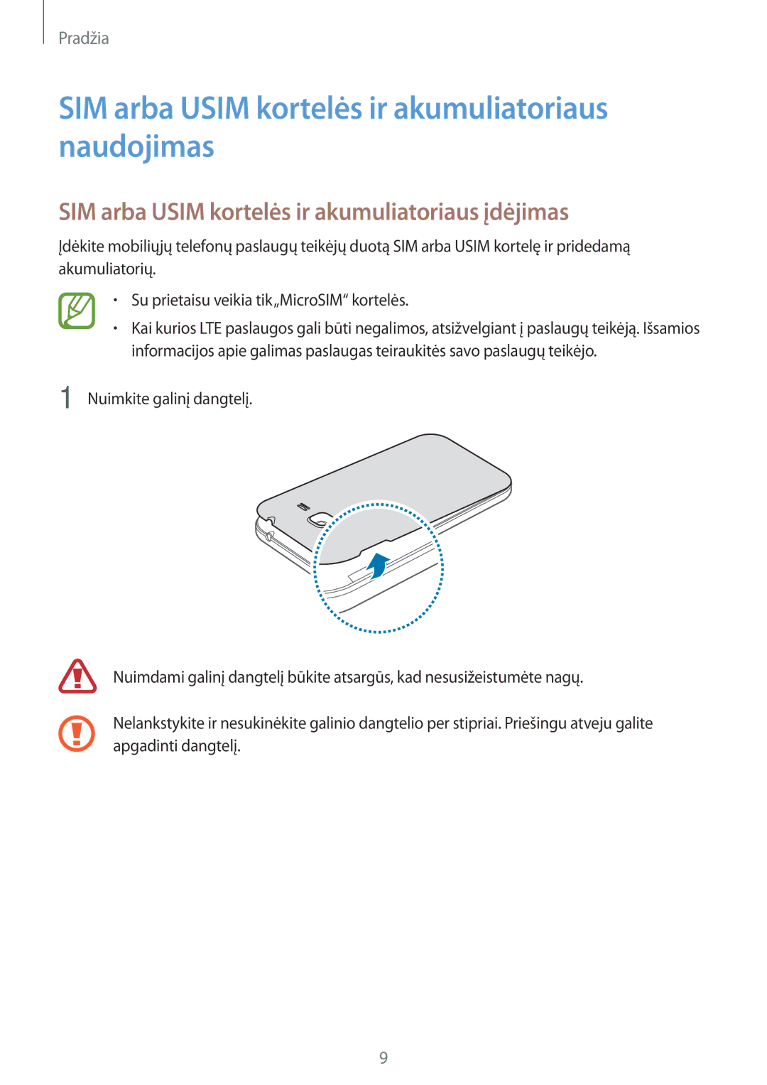 Samsung SM-G360FZWASEB, SM-G360FZSASEB, SM-G360FHAASEB manual SIM arba Usim kortelės ir akumuliatoriaus naudojimas 