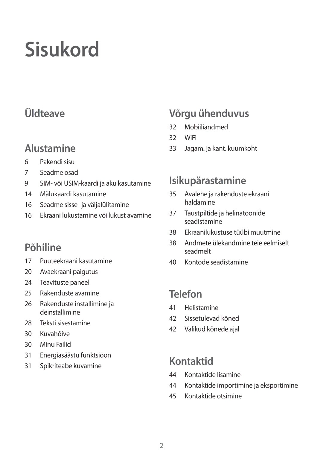 Samsung SM-G360FHAASEB, SM-G360FZWASEB, SM-G360FZSASEB manual Sisukord, Üldteave Alustamine 