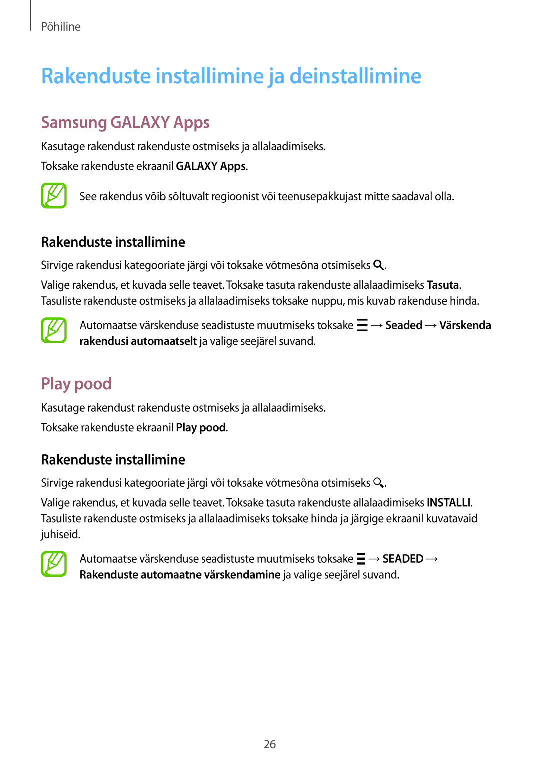 Samsung SM-G360FHAASEB, SM-G360FZWASEB manual Rakenduste installimine ja deinstallimine, Samsung Galaxy Apps, Play pood 