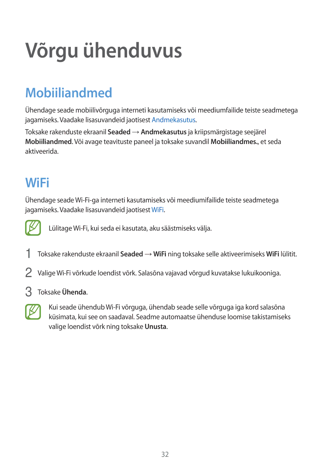 Samsung SM-G360FHAASEB, SM-G360FZWASEB, SM-G360FZSASEB manual Võrgu ühenduvus, Mobiiliandmed, WiFi 