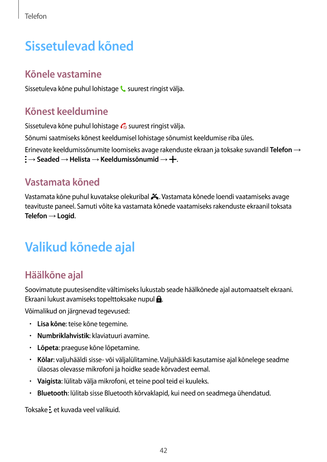 Samsung SM-G360FZWASEB, SM-G360FZSASEB, SM-G360FHAASEB manual Sissetulevad kõned, Valikud kõnede ajal 