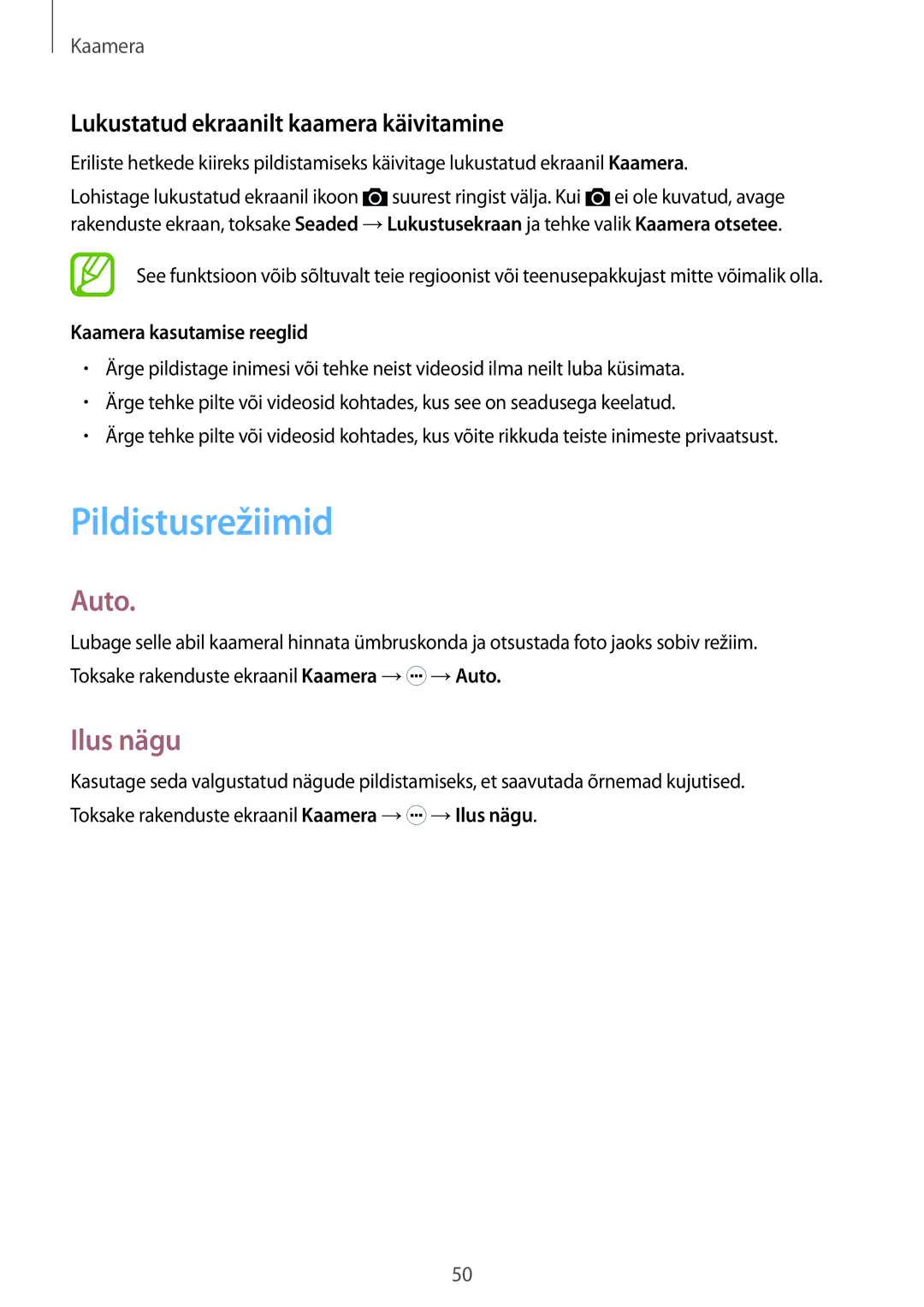 Samsung SM-G360FHAASEB, SM-G360FZWASEB manual Pildistusrežiimid, Auto, Ilus nägu, Lukustatud ekraanilt kaamera käivitamine 