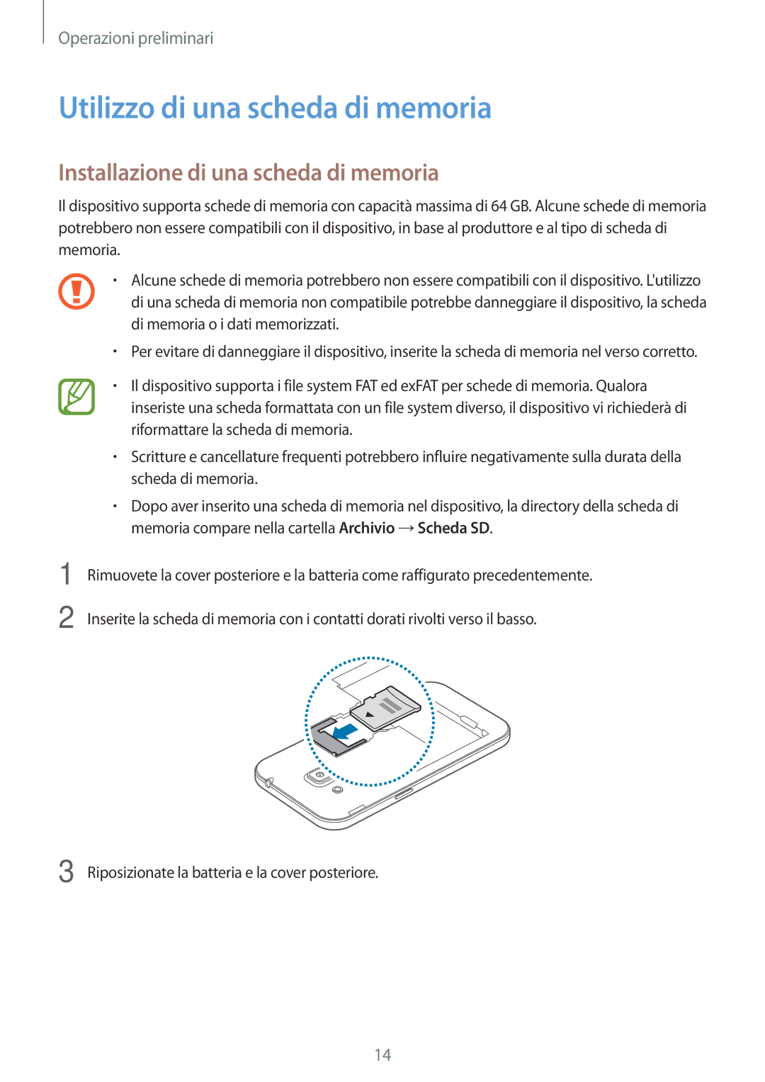 Samsung SM-G360FZSAAUT, SM-G360FZWAWIN manual Utilizzo di una scheda di memoria, Installazione di una scheda di memoria 